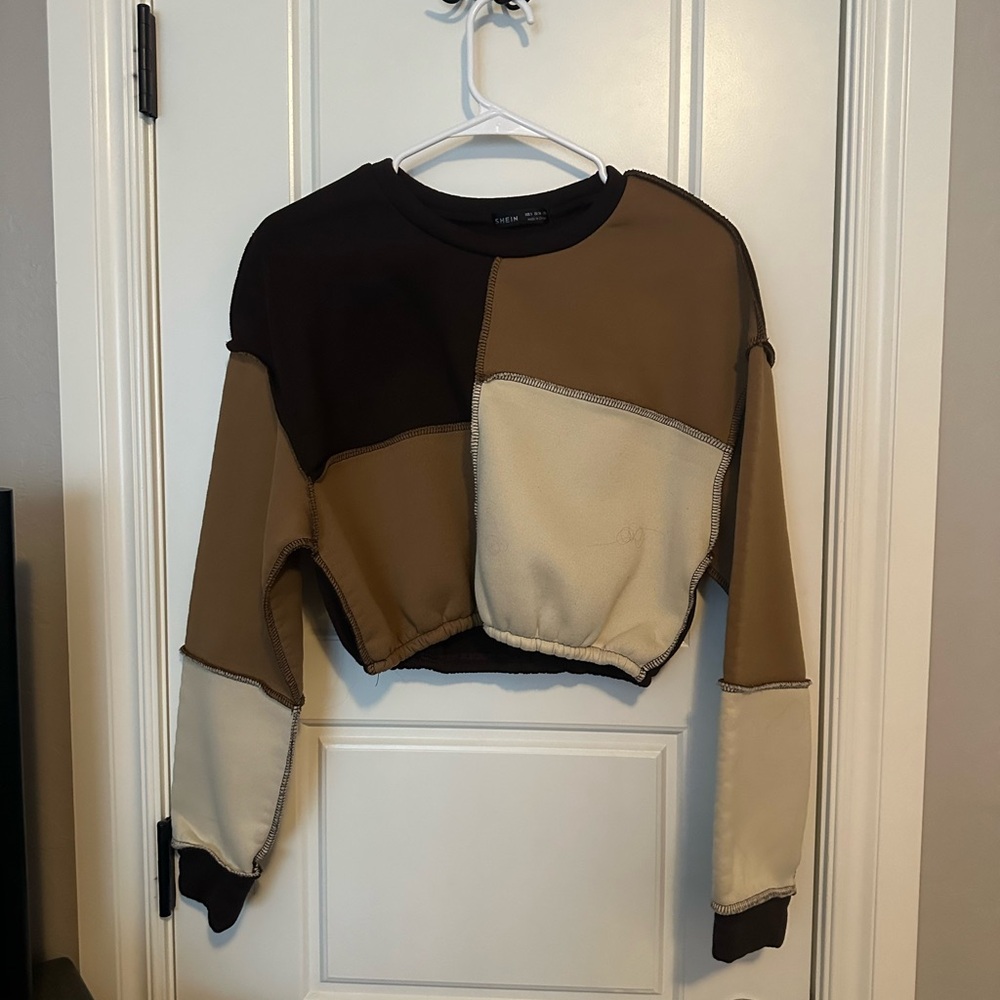 SHEIN - S - Brown and tan long-sleeve cropped shirt